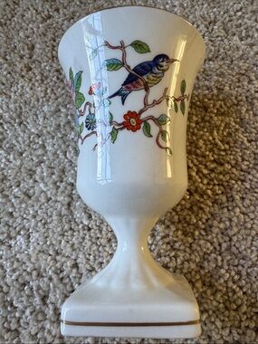 Aynsley Pembroke White Ceramic Goblet Vase w/Hand-Painted Bird & Floral Design